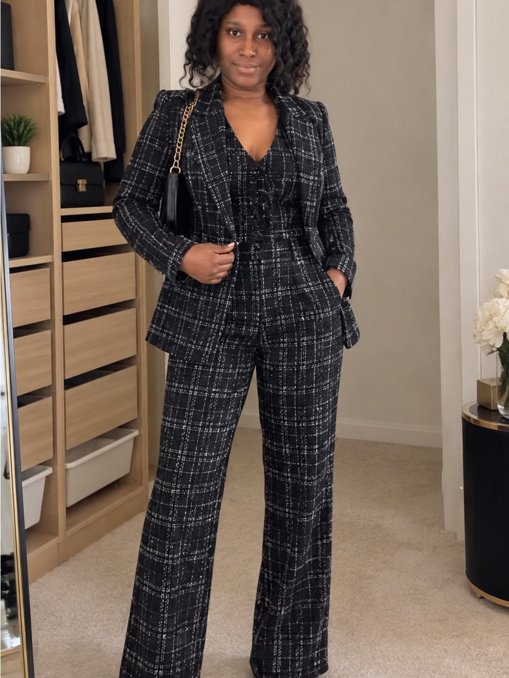 Black Windowpane Plaid Women’s Tailored Wide-Leg Pantsuit